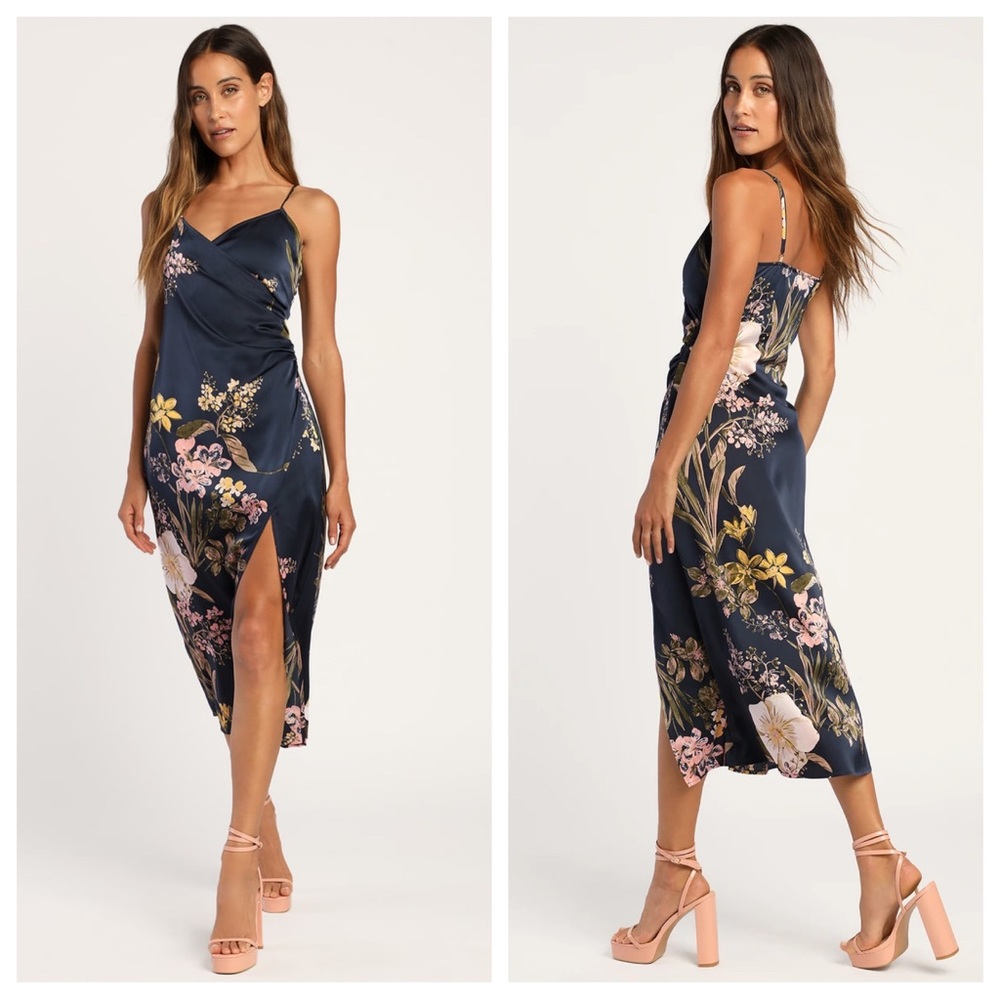 NWOT Lulus Remarkable Entrance Navy Blue Floral Print Satin Midi Dress
